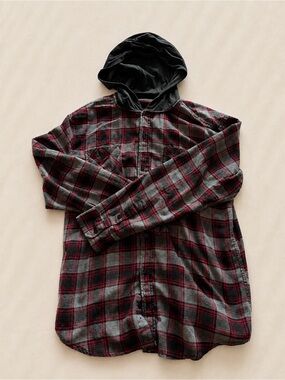 burnside Black & Red Plaid Hooded Button-Down Shirt